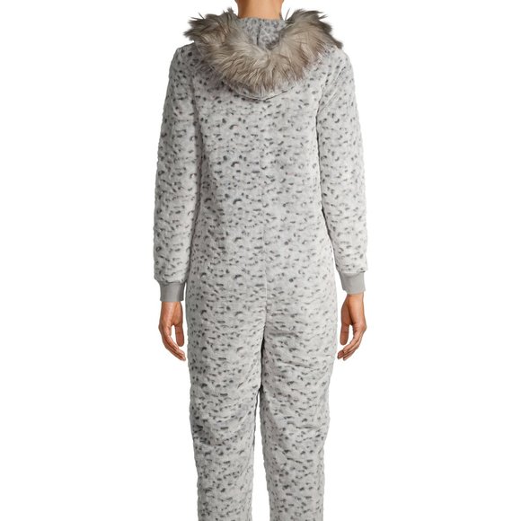 New Plush Leopard Faux Fur Trimmed Union Suit. - Picture 4 of 13